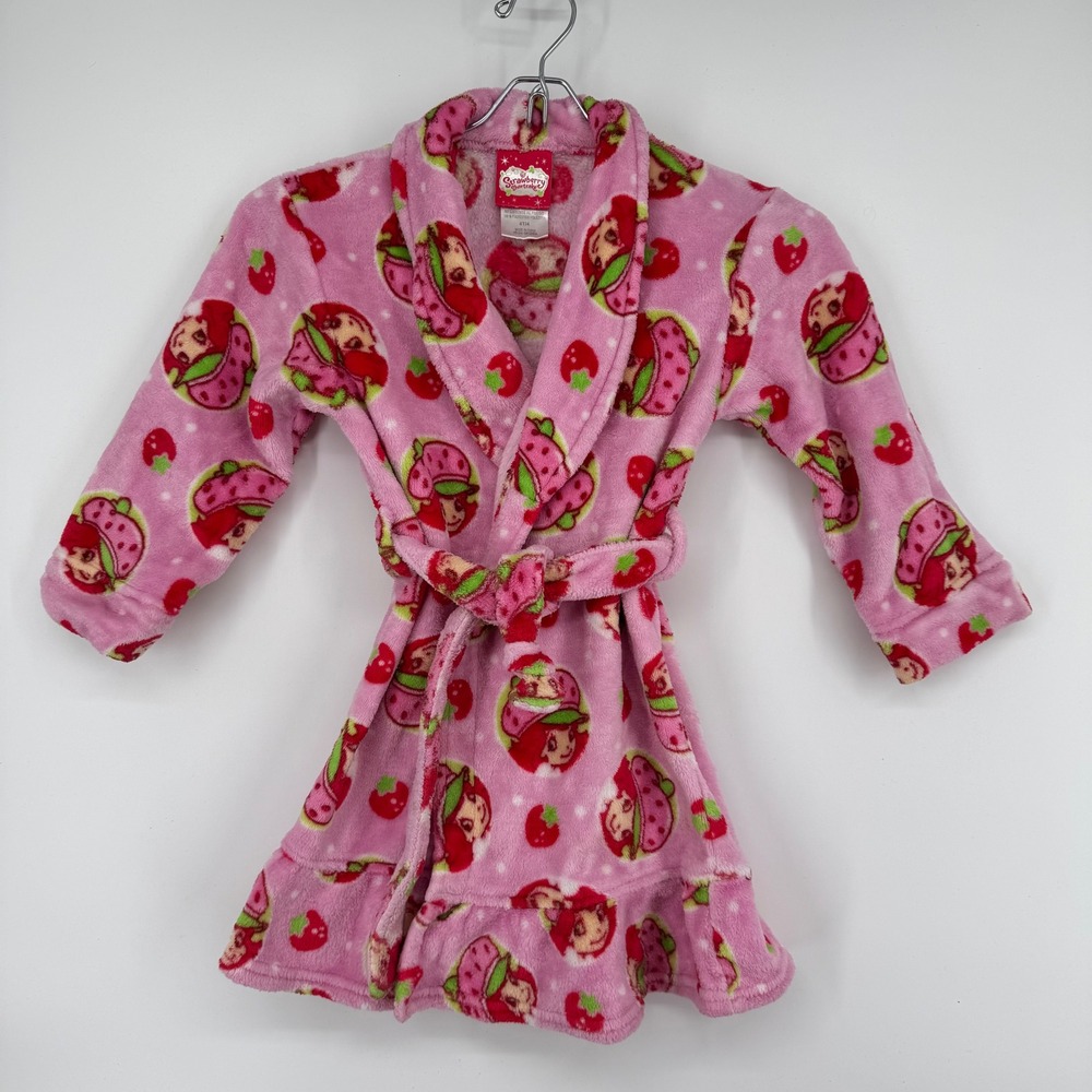 Strawberry Shortcake Girls Pink Fleece Robe 4T Character Print Ruffle Hem Plush